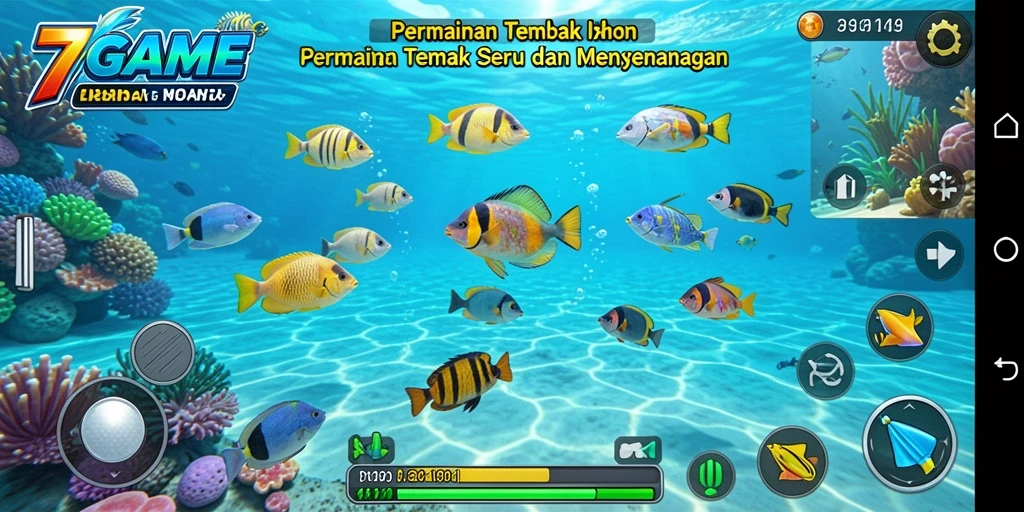 Tampilan gameplay menarik dari 7GAME saat menembak ikan dengan berbagai variasi.