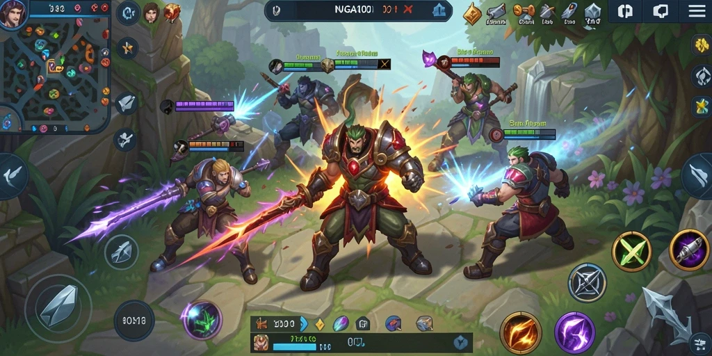 Tampilan dinamis gameplay NAGA1001 dengan aksi pertempuran MOBA.