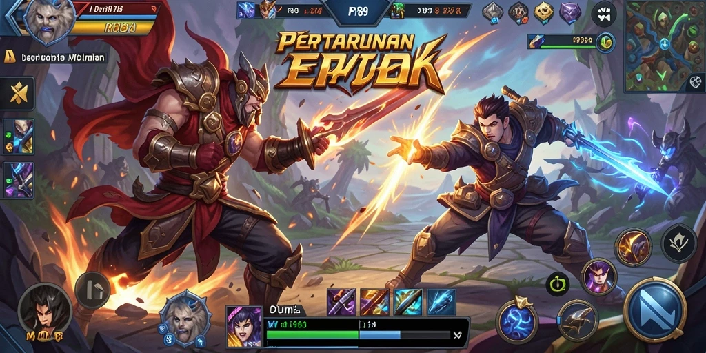 Screenshot gameplay PT89 menampilkan aksi pertarungan antar hero di arena.