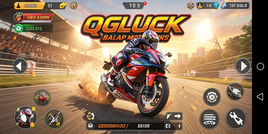 Tampilan gameplay QGLUCK dengan aksi balap motor yang mendebarkan.