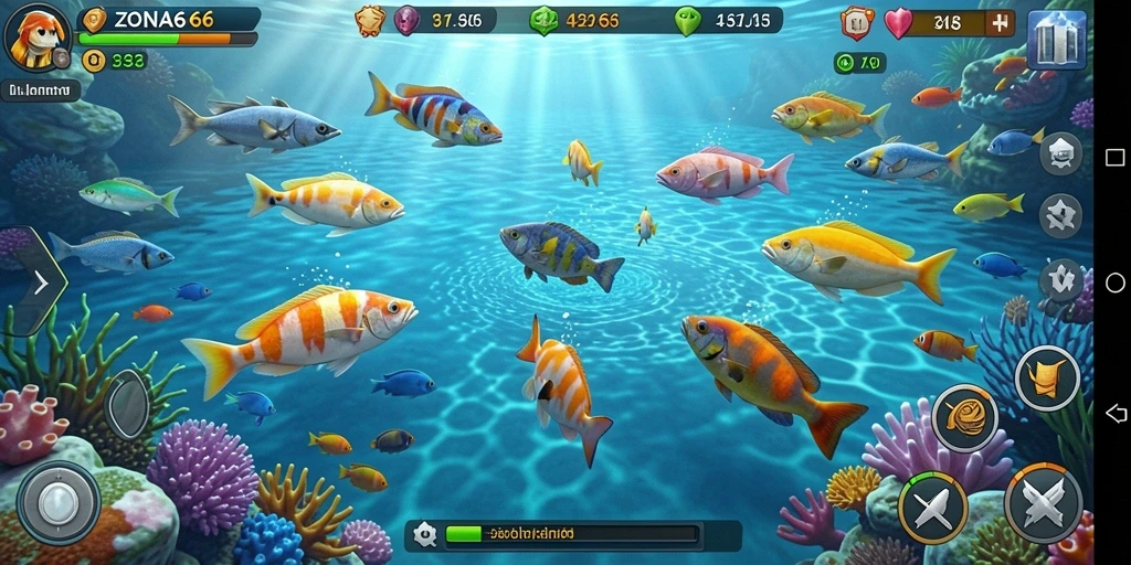 Screenshot gameplay ZONA66 saat menembak ikan yang berwarna-warni.